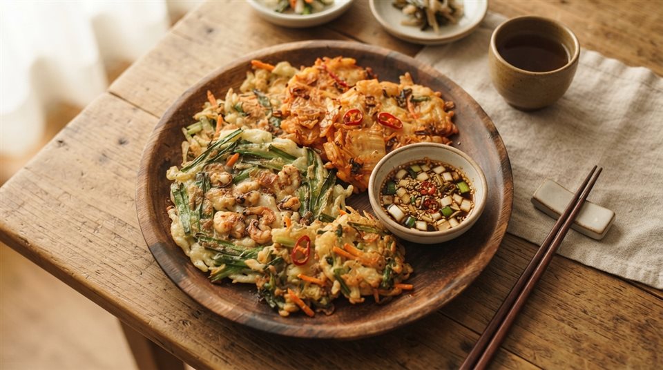 Photorealistic photo of golden Korean pancakes jeon on a wooden plate, high-angle view from above, warm golden light, calm mood, 16:9 aspect ratio