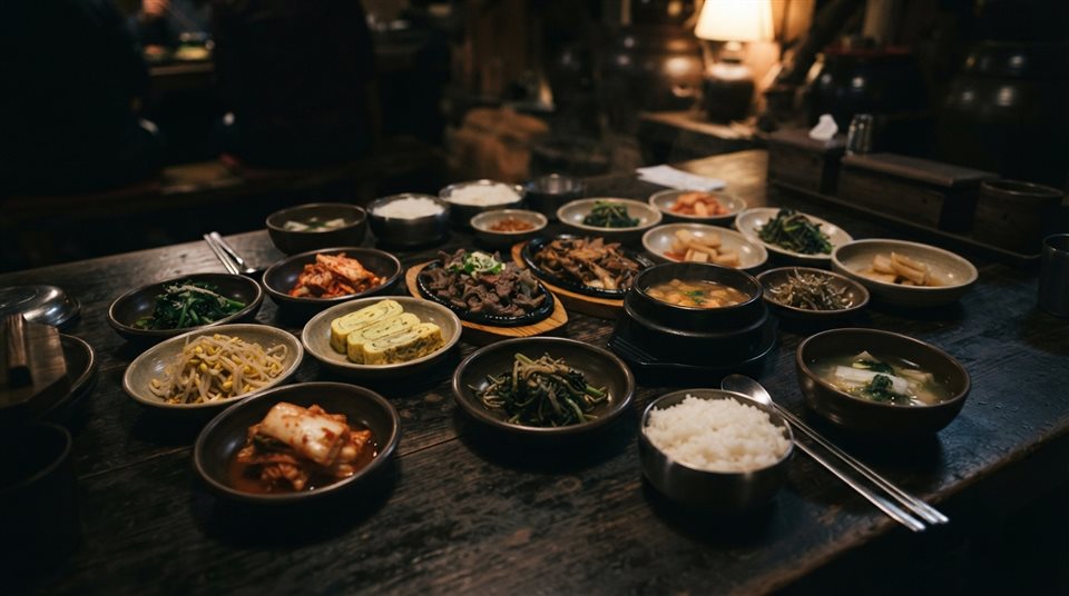 Photorealistic photo of a Korean full course table with many small side dishes, close-up detail with shallow depth of field, moody dark tones, dramatic lighting, 16:9 aspect ratio