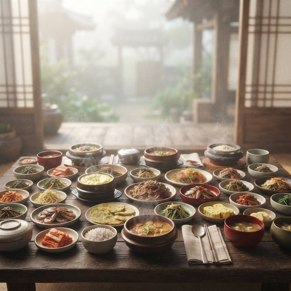 여러 가지 반찬이 차려진 한정식 상, 부드러운 3D 렌더링, 위쪽에 글자 넣을 여백이 있는 넓은 구도, 아침 안개, 몽환적인 분위기, 1:1 비율