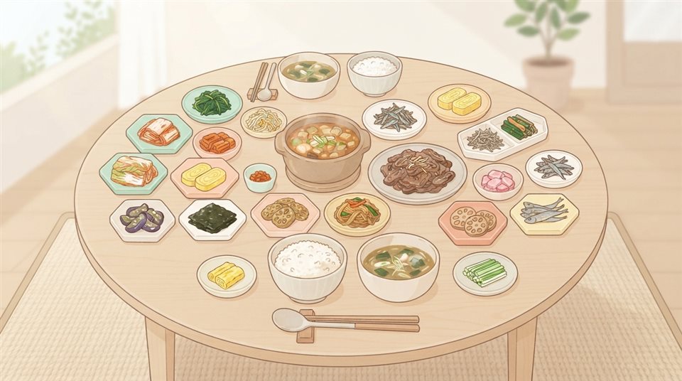 Minimal flat illustration of a Korean full course table with many small side dishes, centered subject with a simple uncluttered composition, soft pastel colors, bright and cozy, 16:9 aspect ratio