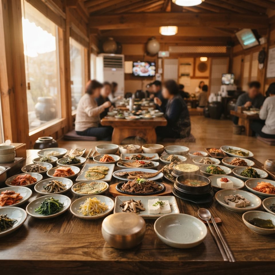 Photorealistic photo of a Korean full course table with many small side dishes, wide shot with open space at the top for text, warm golden light, calm mood, 1:1 aspect ratio