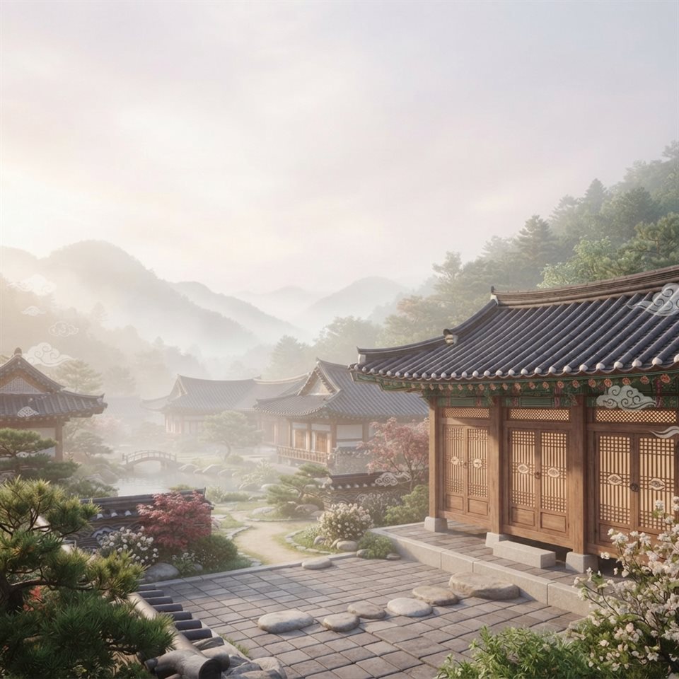 Soft 3D render of an elegant background with traditional Korean cloud and lattice patterns, wide shot with open space at the top for text, misty morning haze, dreamy, 1:1 aspect ratio