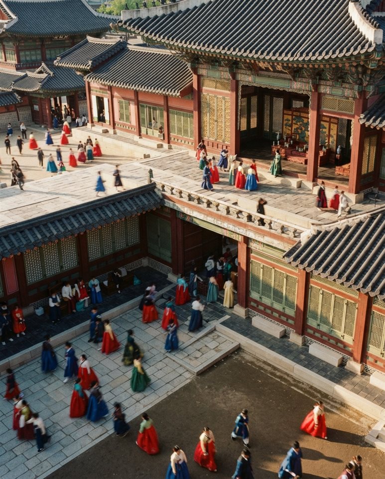 Cinematic film still of an elegant background with traditional Korean cloud and lattice patterns, high-angle view from above, vivid colors, high contrast, energetic, 4:5 aspect ratio