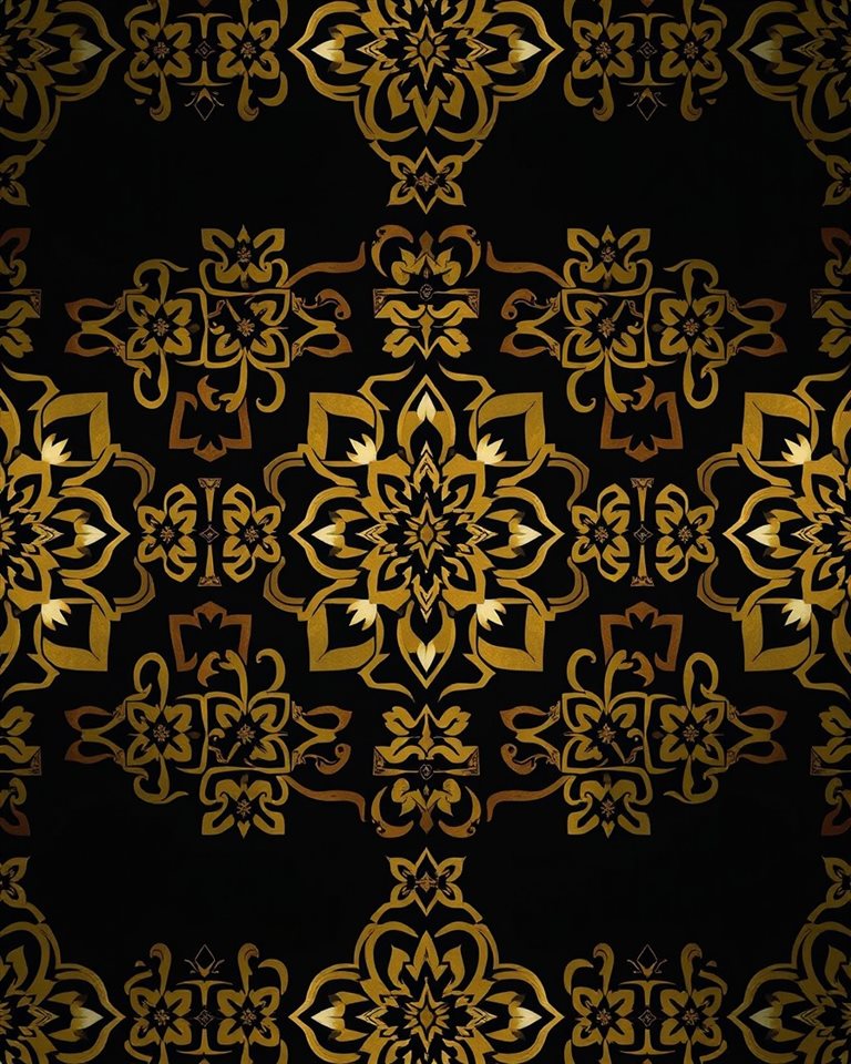 Photorealistic photo of An elegant seamless traditional geometric pattern in muted gold and ivory tones., high-angle view from above, moody dark tones, dramatic lighting, 4:5 aspect ratio