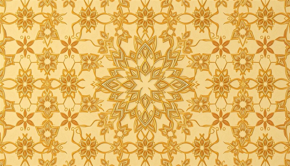 Soft 3D render of An elegant seamless traditional geometric pattern in muted gold and ivory tones., centered subject with a simple uncluttered composition, misty morning haze, dreamy, 16:9 aspect ratio