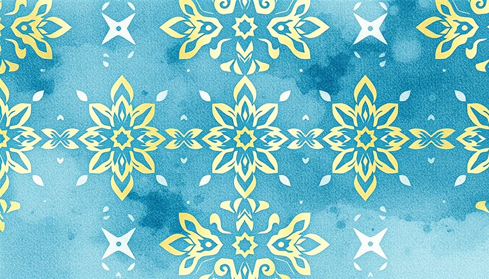 Watercolor illustration of An elegant seamless traditional geometric pattern in muted gold and ivory tones., close-up detail with shallow depth of field, cool blue tones, quiet atmosphere, 16:9 aspect ratio