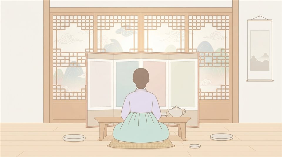 Minimal flat illustration of an elegant background with traditional Korean cloud and lattice patterns, centered subject with a simple uncluttered composition, soft pastel colors, bright and cozy, 16:9 aspect ratio