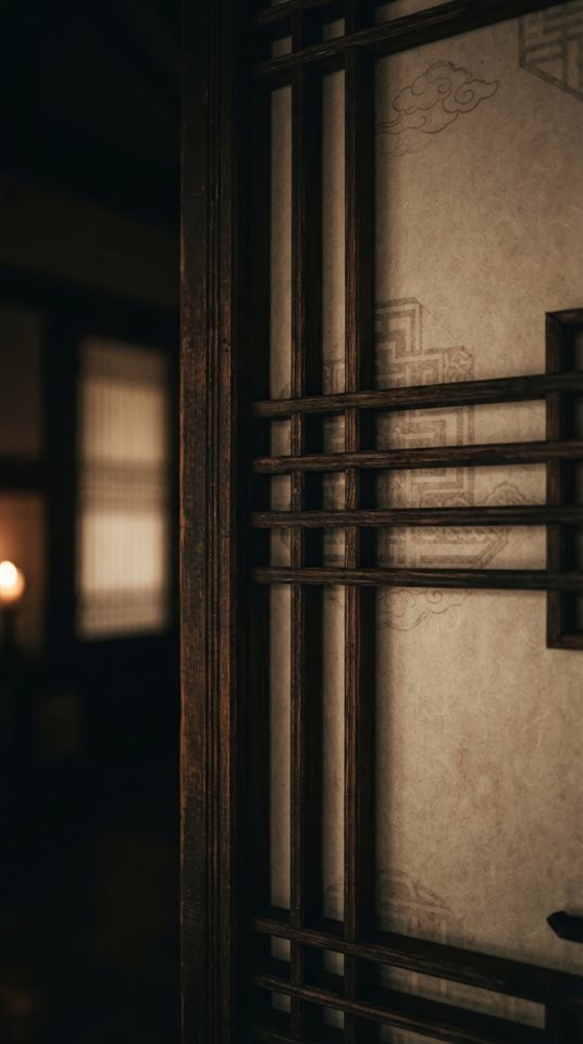 Photorealistic photo of an elegant background with traditional Korean cloud and lattice patterns, close-up detail with shallow depth of field, moody dark tones, dramatic lighting, 9:16 aspect ratio
