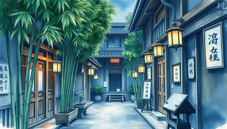 Watercolor illustration of A quiet traditional wooden alleyway with lush bamboo and stone lanterns in an old district., centered subject with a simple uncluttered composition, cool blue tones, quiet atmosphere, 16:9 aspect ratio