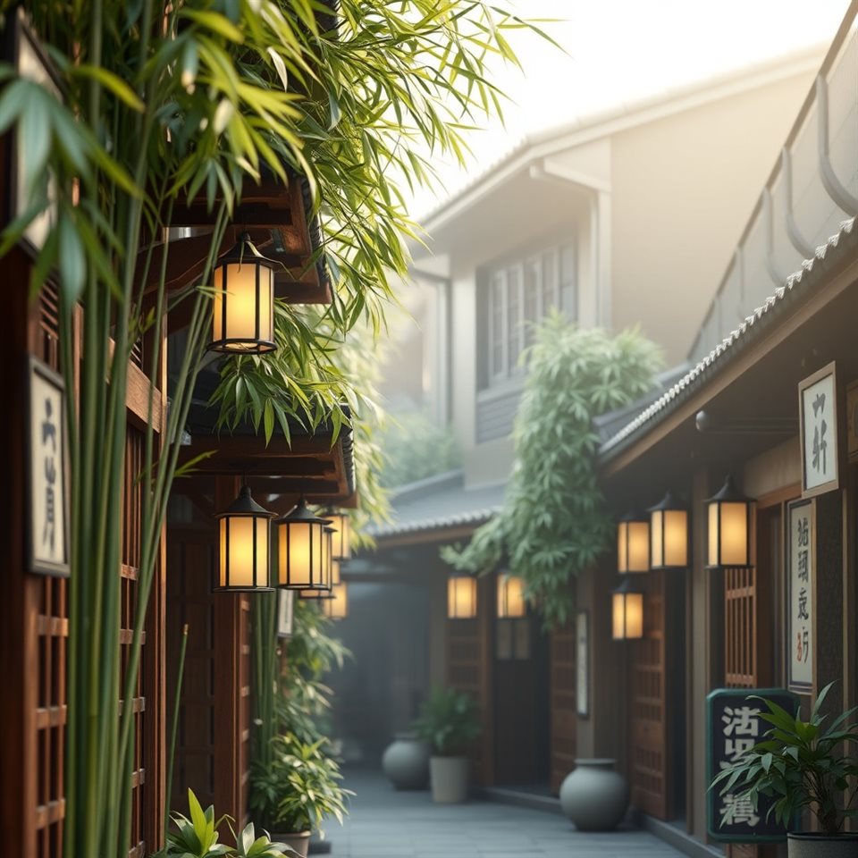 Soft 3D render of A quiet traditional wooden alleyway with lush bamboo and stone lanterns in an old district., close-up detail with shallow depth of field, misty morning haze, dreamy, 1:1 aspect ratio
