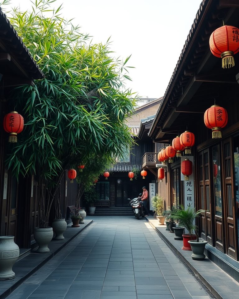 Cinematic film still of A quiet traditional wooden alleyway with lush bamboo and stone lanterns in an old district., wide shot with open space at the top for text, vivid colors, high contrast, energetic, 4:5 aspect ratio