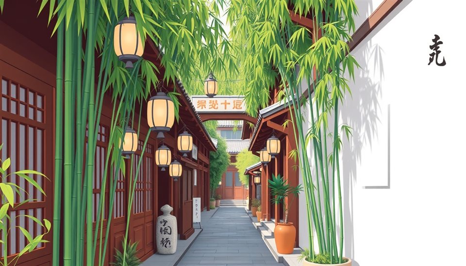 Minimal flat illustration of A quiet traditional wooden alleyway with lush bamboo and stone lanterns in an old district., high-angle view from above, soft pastel colors, bright and cozy, 16:9 aspect ratio