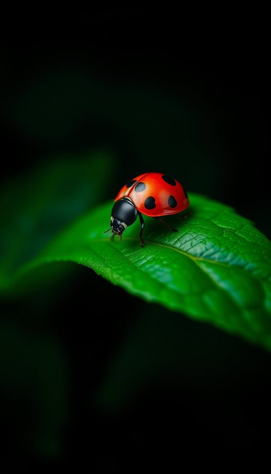 Photorealistic photo of A red ladybug with black spots resting delicately on a vibrant green leaf, wide shot with open space at the top for text, moody dark tones, dramatic lighting, 9:16 aspect ratio
