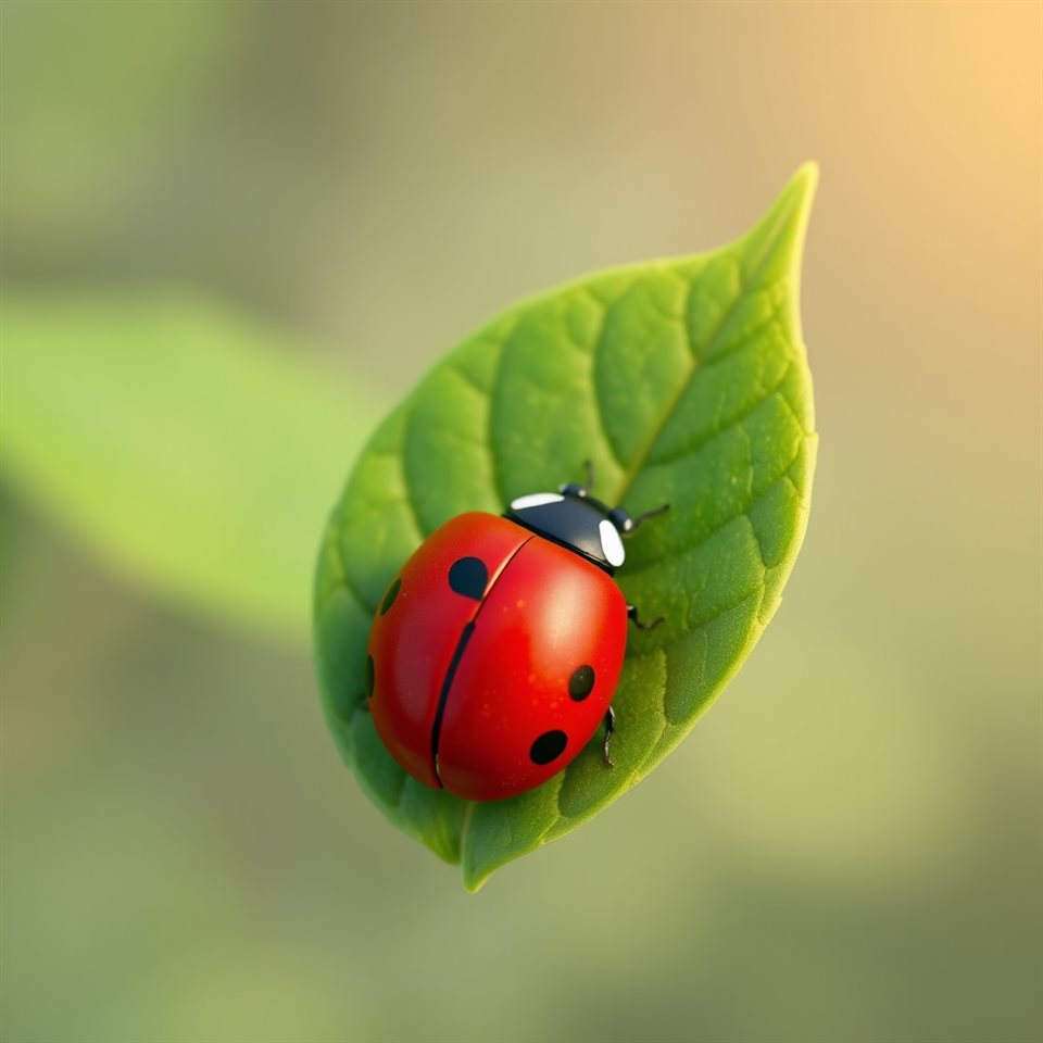 Soft 3D render of A red ladybug with black spots resting delicately on a vibrant green leaf, high-angle view from above, misty morning haze, dreamy, 1:1 aspect ratio