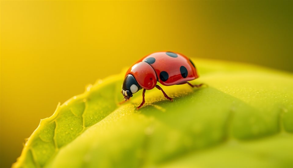 Photorealistic photo of A red ladybug with black spots resting delicately on a vibrant green leaf, close-up detail with shallow depth of field, warm golden light, calm mood, 16:9 aspect ratio