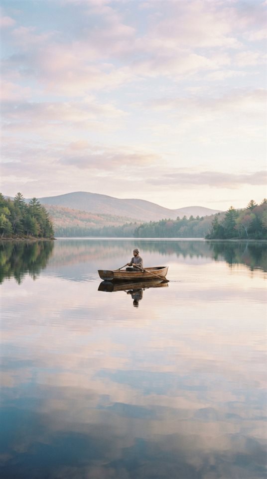 Cinematic film still of calm lake reflecting the sky, centered subject with a simple uncluttered composition, soft pastel colors, bright and cozy, 9:16 aspect ratio