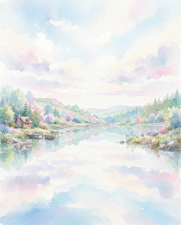 Watercolor illustration of calm lake reflecting the sky, wide shot with open space at the top for text, soft pastel colors, bright and cozy, 4:5 aspect ratio