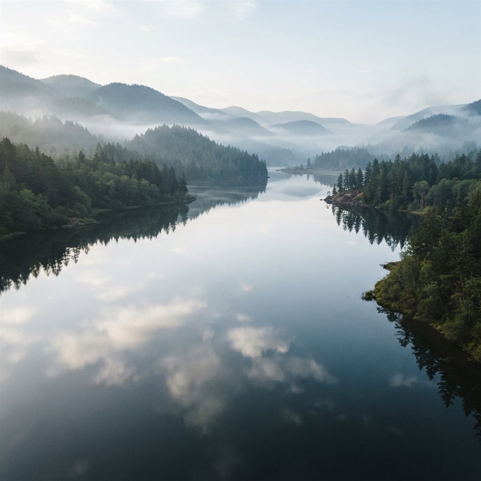Photorealistic photo of calm lake reflecting the sky, high-angle view from above, misty morning haze, dreamy, 1:1 aspect ratio