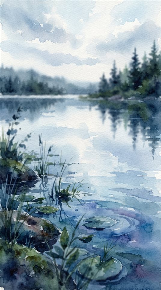 Watercolor illustration of calm lake reflecting the sky, close-up detail with shallow depth of field, cool blue tones, quiet atmosphere, 9:16 aspect ratio