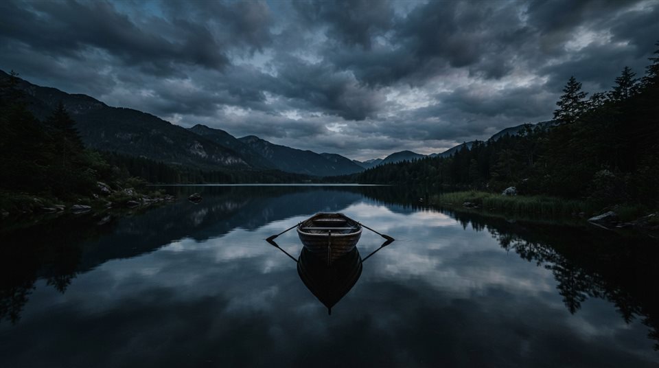 Photorealistic photo of calm lake reflecting the sky, centered subject with a simple uncluttered composition, moody dark tones, dramatic lighting, 16:9 aspect ratio