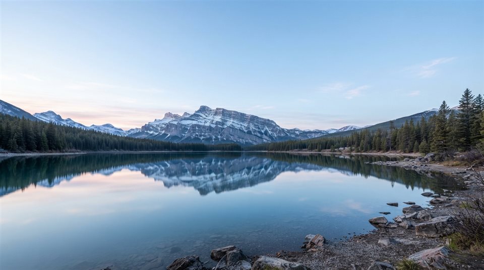 Photorealistic photo of calm lake reflecting the sky, wide shot with open space at the top for text, cool blue tones, quiet atmosphere, 16:9 aspect ratio