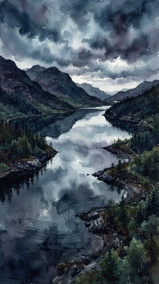 Watercolor illustration of calm lake reflecting the sky, high-angle view from above, moody dark tones, dramatic lighting, 9:16 aspect ratio