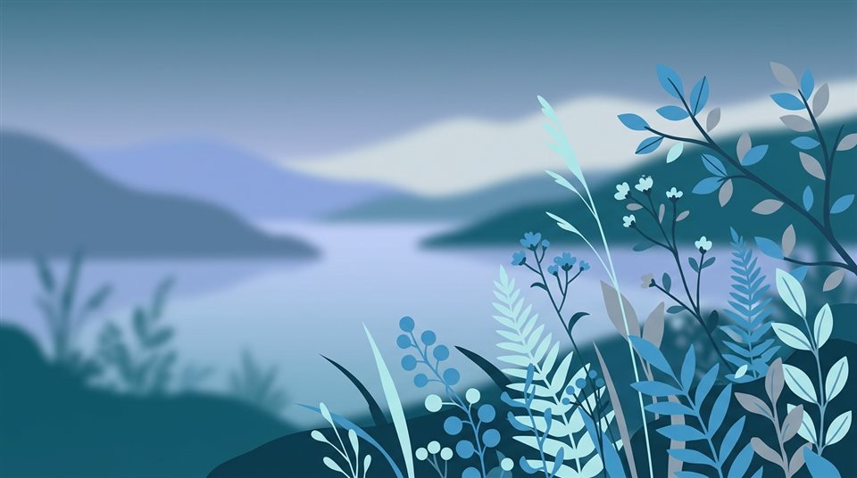 Ilustración plana minimalista de un hermoso paisaje natural, detalle en primer plano con poca profundidad de campo, tonos azules fríos, atmósfera serena, relación de aspecto 16:9