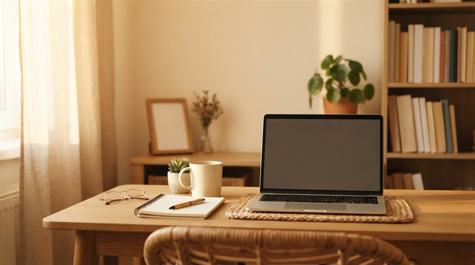 Photorealistic photo of laptop on a desk, wide shot with open space at the top for text, warm golden light, calm mood, 16:9 aspect ratio