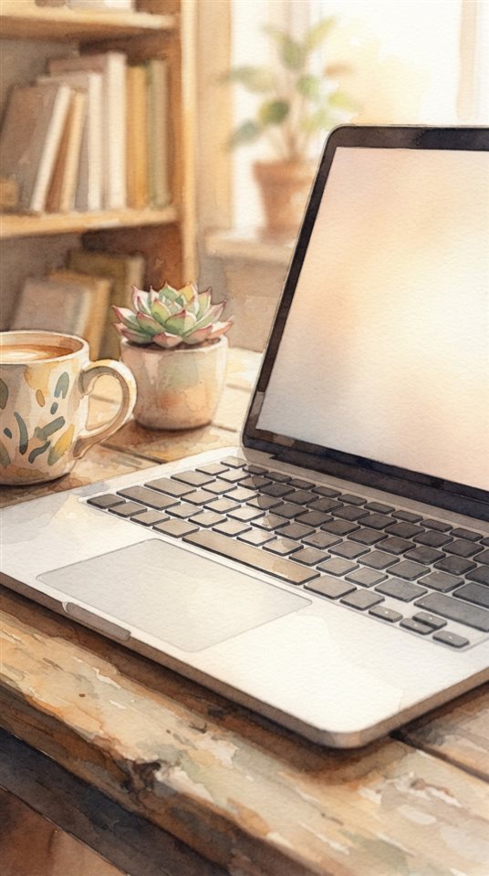 Ilustração em aquarela de laptop em uma escrivaninha, detalhe em close com profundidade de campo rasa, luz dourada quente, clima calmo, proporção 9:16