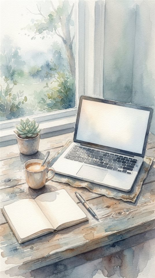 Watercolor illustration of laptop on a desk, high-angle view from above, misty morning haze, dreamy, 9:16 aspect ratio