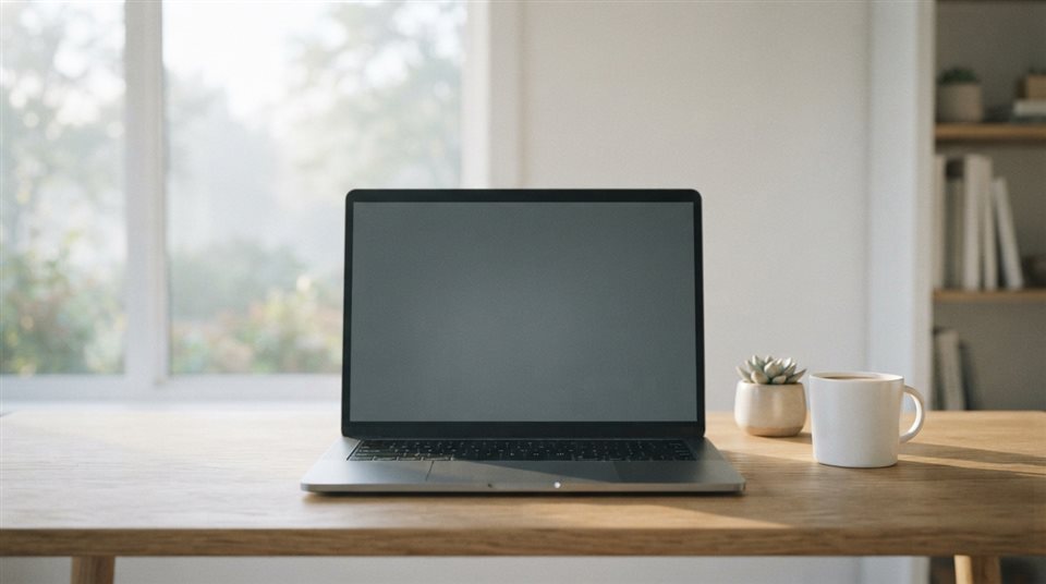 Photorealistic photo of laptop on a desk, centered subject with a simple uncluttered composition, misty morning haze, dreamy, 16:9 aspect ratio