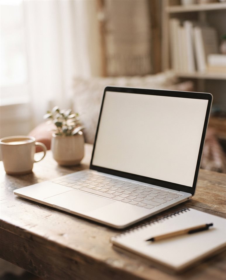 Cinematic film still of laptop on a desk, close-up detail with shallow depth of field, soft pastel colors, bright and cozy, 4:5 aspect ratio