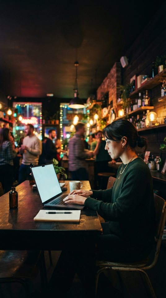 Cinematic film still of laptop on a desk, wide shot with open space at the top for text, vivid colors, high contrast, energetic, 9:16 aspect ratio