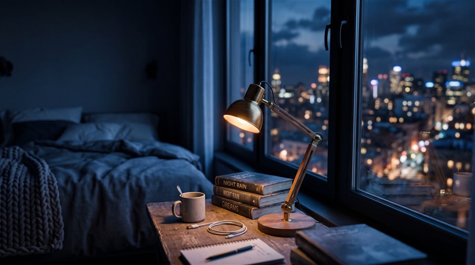 半夜時分帶有檯燈與城市景觀窗戶的舒適臥室的柔和3D渲染，近距離細節搭配淺景深，冷藍色調，寧靜的氣氛，16:9比例