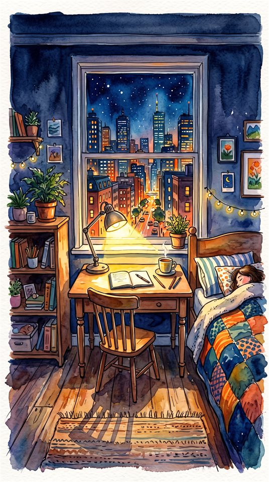 Ilustración en acuarela de un dormitorio acogedor a medianoche con una lámpara de escritorio y una ventana con vistas a la ciudad, sujeto centrado con una composición simple y despejada, colores vivos, alto contraste, ambiente enérgico, relación de aspecto 9:16