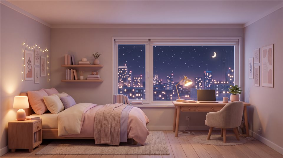 Renderizado 3D suave de un dormitorio acogedor a medianoche con una lámpara de escritorio y una ventana con vistas a la ciudad, plano general con espacio abierto en la parte superior para texto, colores pastel suaves, ambiente luminoso y acogedor, relación de aspecto 16:9