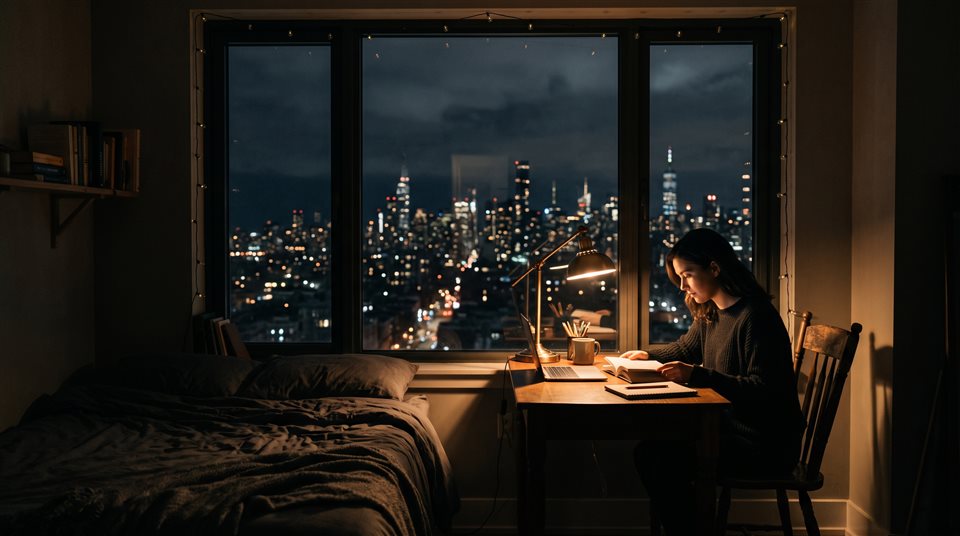 デスクランプと都市の景色が見える窓がある真夜中の居心地の良い寝室の映画のようなワンシーン、シンプルですっきりとした構図の中央に配置された被写体、ムーディーなダークトーン、ドラマチックな照明、16:9アスペクト比