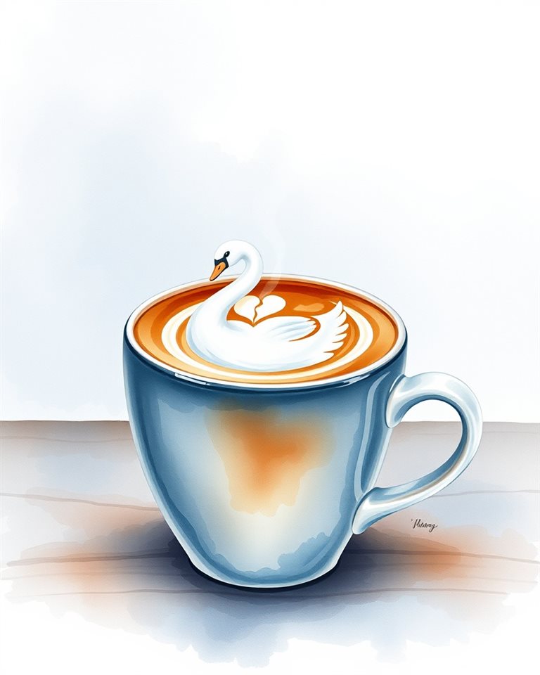 Watercolor illustration of A ceramic cup of hot coffee with a delicate white swan latte art design on top, wide shot with open space at the top for text, cool blue tones, quiet atmosphere, 4:5 aspect ratio