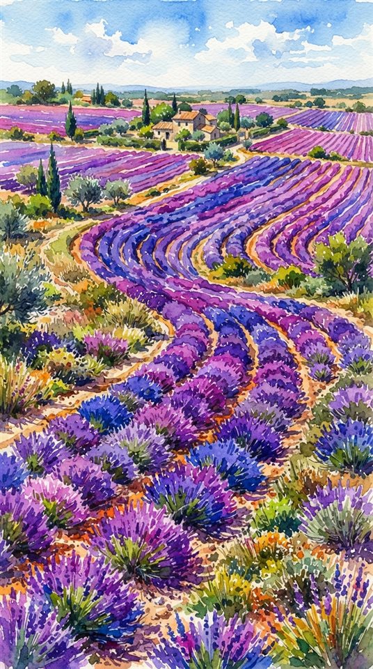Watercolor illustration of lavender field, high-angle view from above, vivid colors, high contrast, energetic, 9:16 aspect ratio