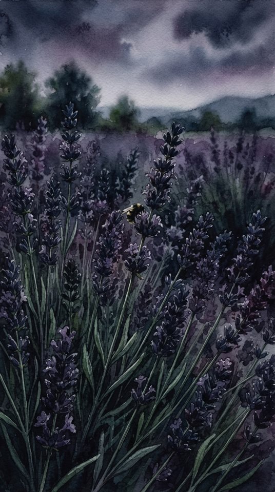 Watercolor illustration of lavender field, close-up detail with shallow depth of field, moody dark tones, dramatic lighting, 9:16 aspect ratio