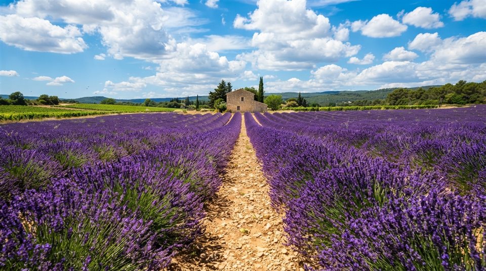 Photorealistic photo of lavender field, centered subject with a simple uncluttered composition, vivid colors, high contrast, energetic, 16:9 aspect ratio
