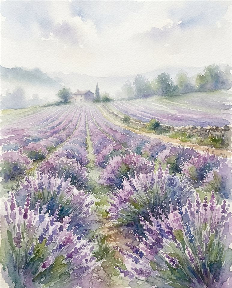 Watercolor illustration of lavender field, centered subject with a simple uncluttered composition, misty morning haze, dreamy, 4:5 aspect ratio