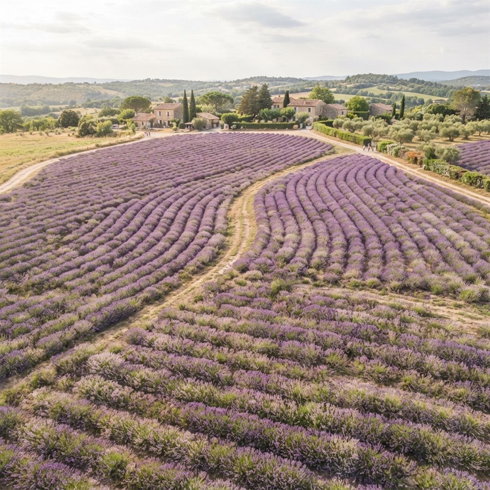 Photorealistic photo of lavender field, high-angle view from above, soft pastel colors, bright and cozy, 1:1 aspect ratio