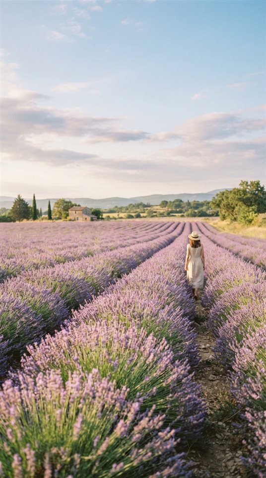 Cinematic film still of lavender field, wide shot with open space at the top for text, soft pastel colors, bright and cozy, 9:16 aspect ratio