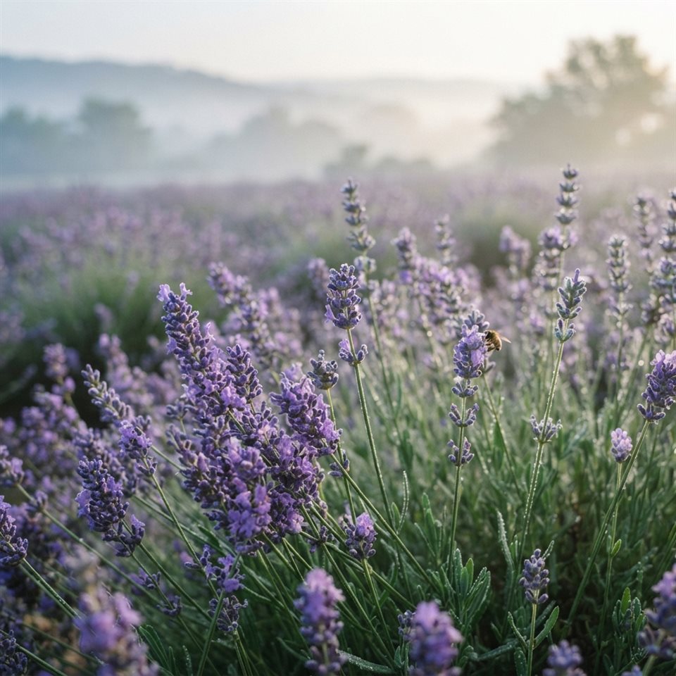Photorealistic photo of lavender field, close-up detail with shallow depth of field, misty morning haze, dreamy, 1:1 aspect ratio
