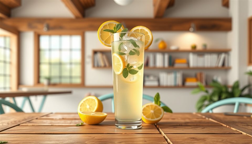 Minimal flat illustration of A tall glass of refreshing iced lemonade with mint leaves and lemon slices on a rustic wooden table, wide shot with open space at the top for text, soft pastel colors, bright and cozy, 16:9 aspect ratio