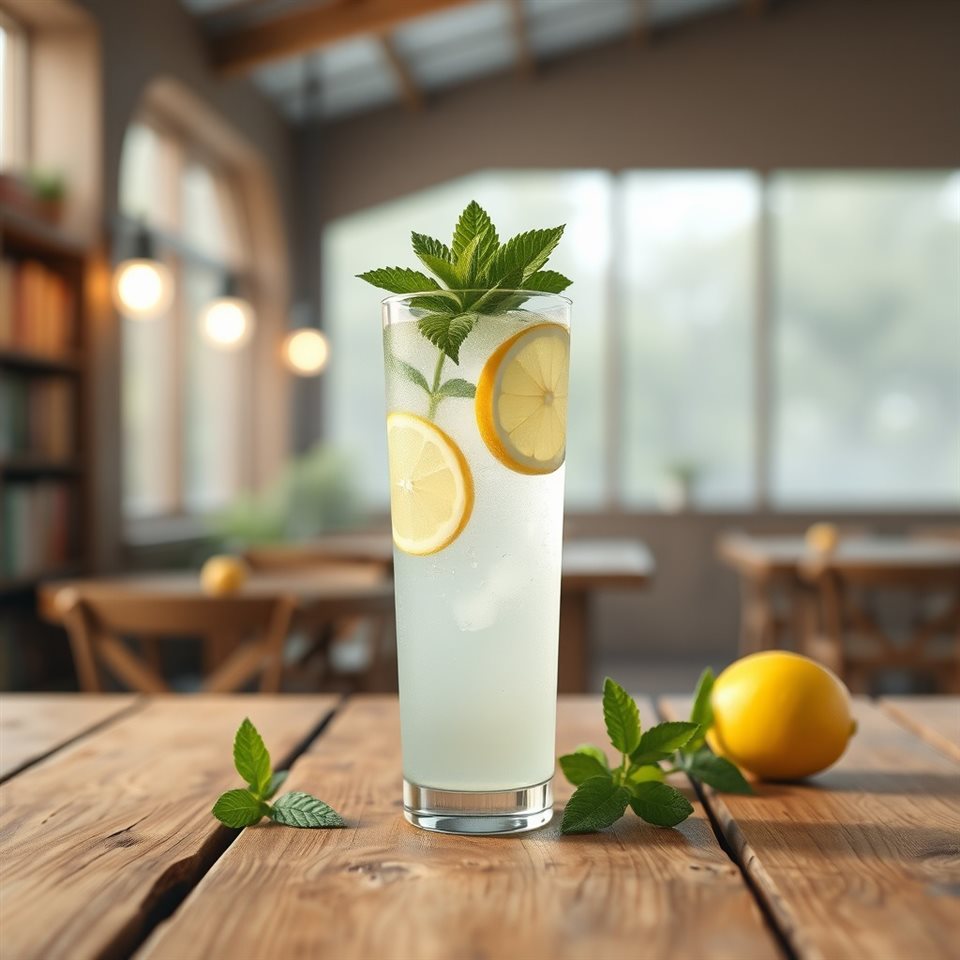 Soft 3D render of A tall glass of refreshing iced lemonade with mint leaves and lemon slices on a rustic wooden table, centered subject with a simple uncluttered composition, misty morning haze, dreamy, 1:1 aspect ratio