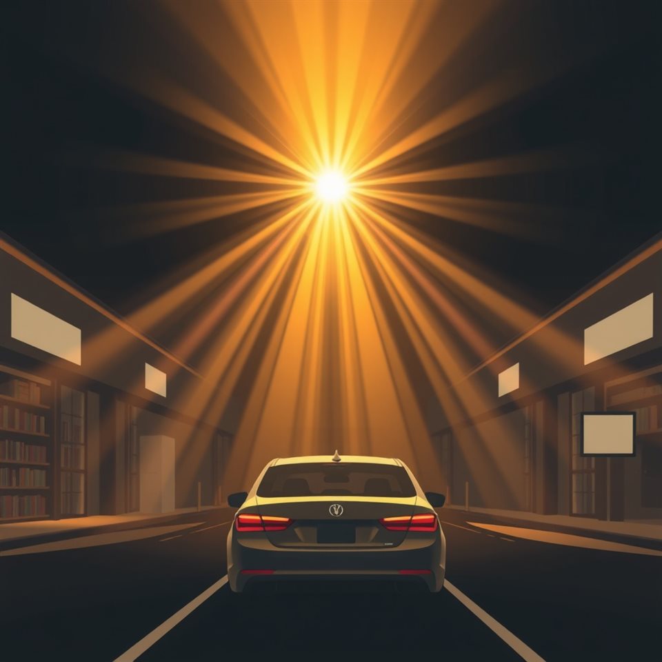 Minimal flat illustration of An artistic abstract optical effect with warm golden light rays bleeding across a dark cinematic background., wide shot with open space at the top for text, soft pastel colors, bright and cozy, 1:1 aspect ratio