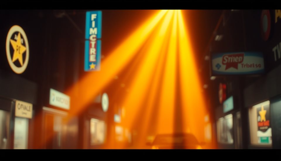 Cinematic film still of An artistic abstract optical effect with warm golden light rays bleeding across a dark cinematic background., close-up detail with shallow depth of field, vivid colors, high contrast, energetic, 16:9 aspect ratio