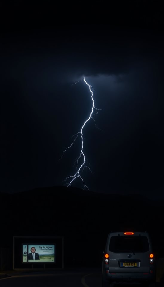 Photorealistic photo of A jagged bolt of lightning flashing across a dark night sky over a silhouette of hills, centered subject with a simple uncluttered composition, moody dark tones, dramatic lighting, 9:16 aspect ratio